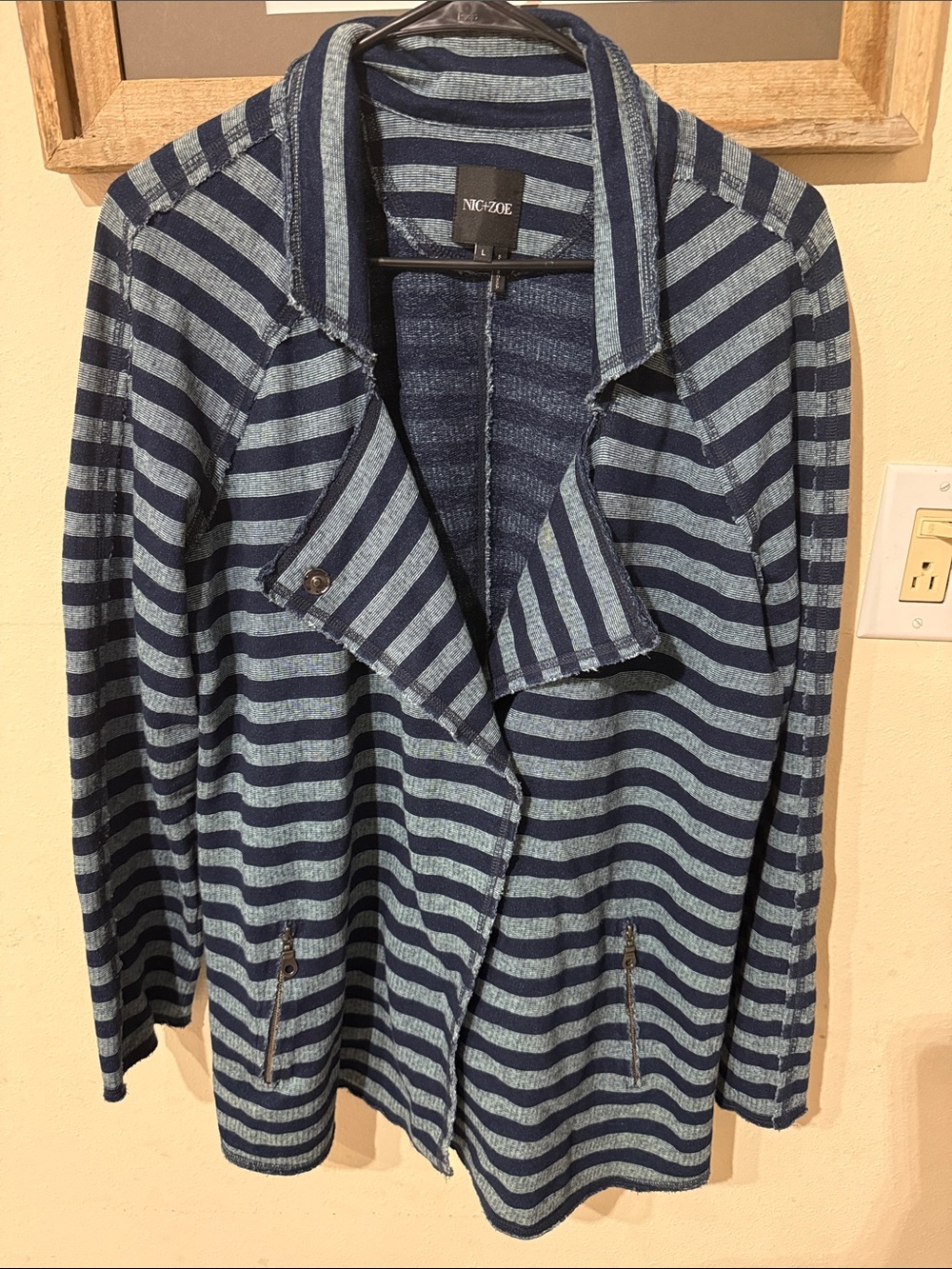 NIC+ZOE Navy and Light Blue Striped Draped Cardigan Jacket Zip Pockets